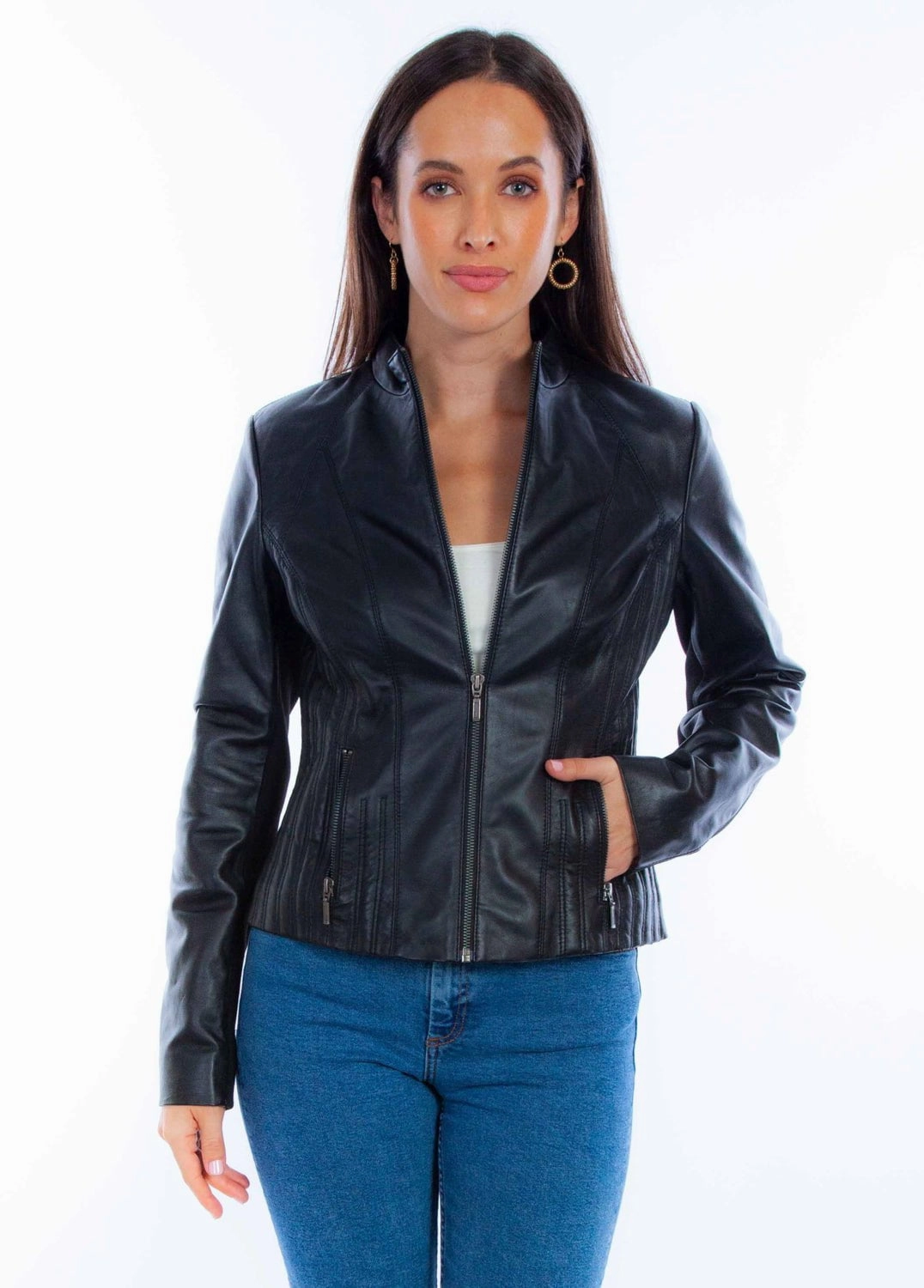 Scully Womens Ribbed Motorcycle Black Lamb Leather Leather Jacket QuickRelease Buckles