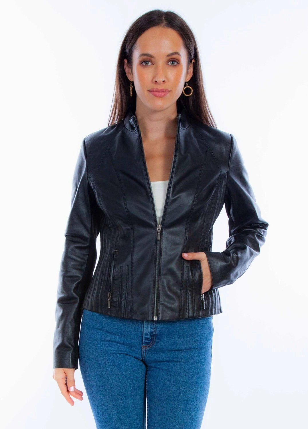 Scully Womens Ribbed Motorcycle Black Lamb Leather Leather Jacket ErgonomicCut