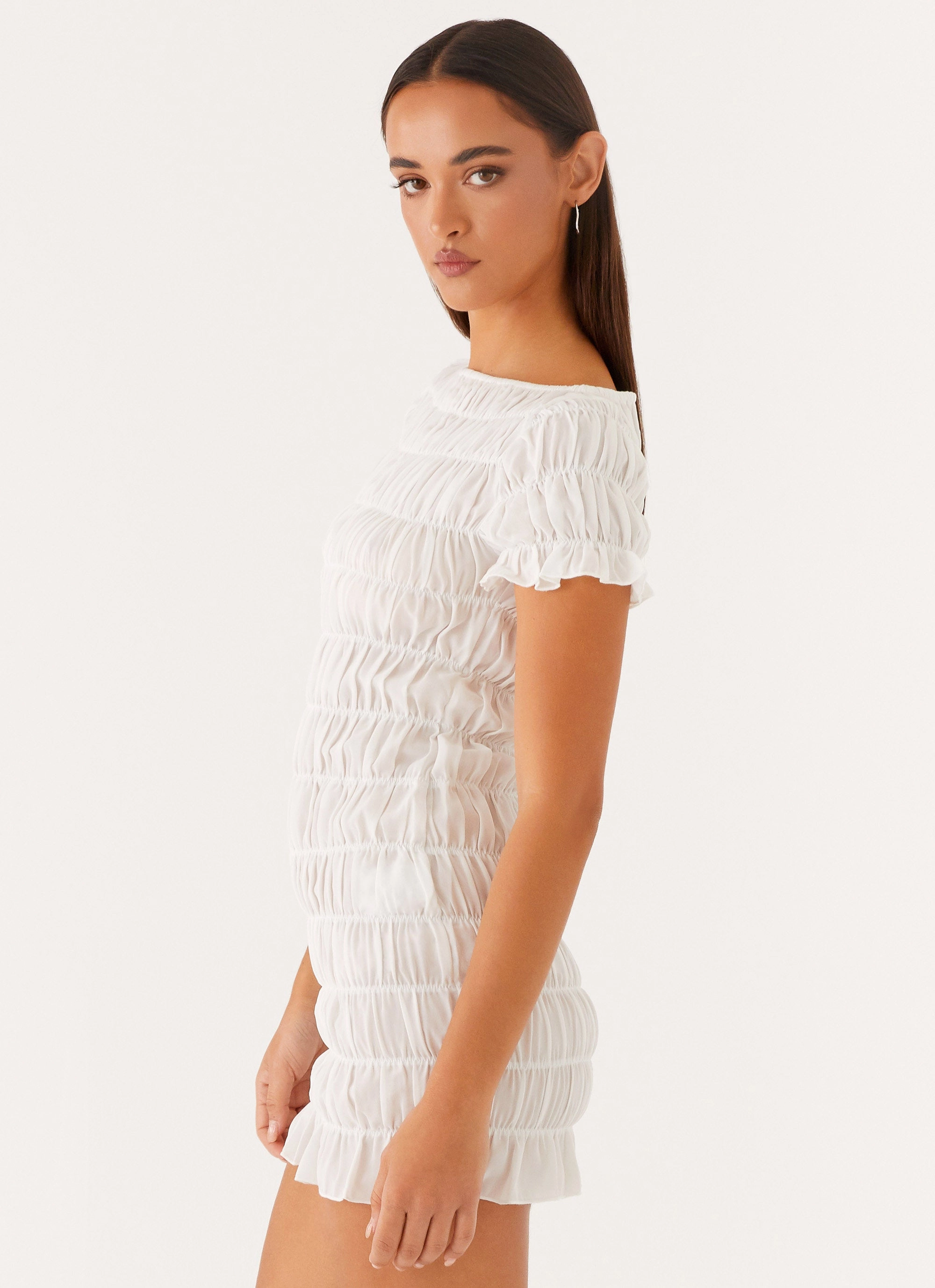 Square-Neck Bow Glow Rita Ruched Mini Dress - White