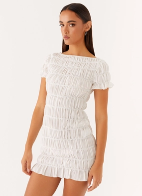 Rita Ruched Mini Dress - White Perfect for Layering