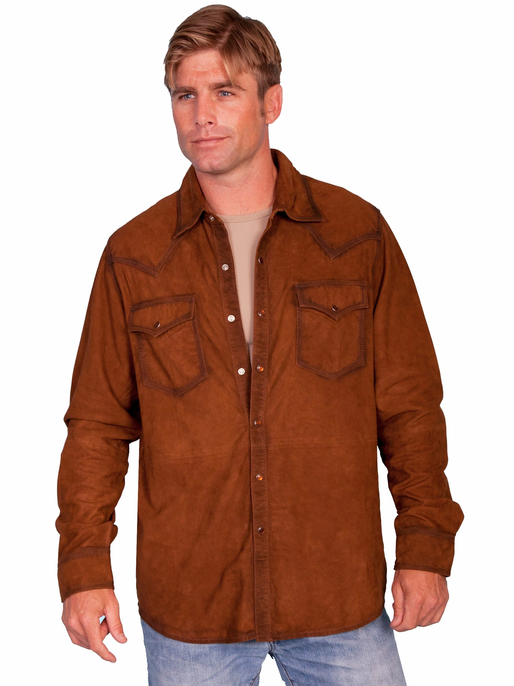 Stretch Material Zip Front Scully Mens Brown Suede Western L/S Shirt
