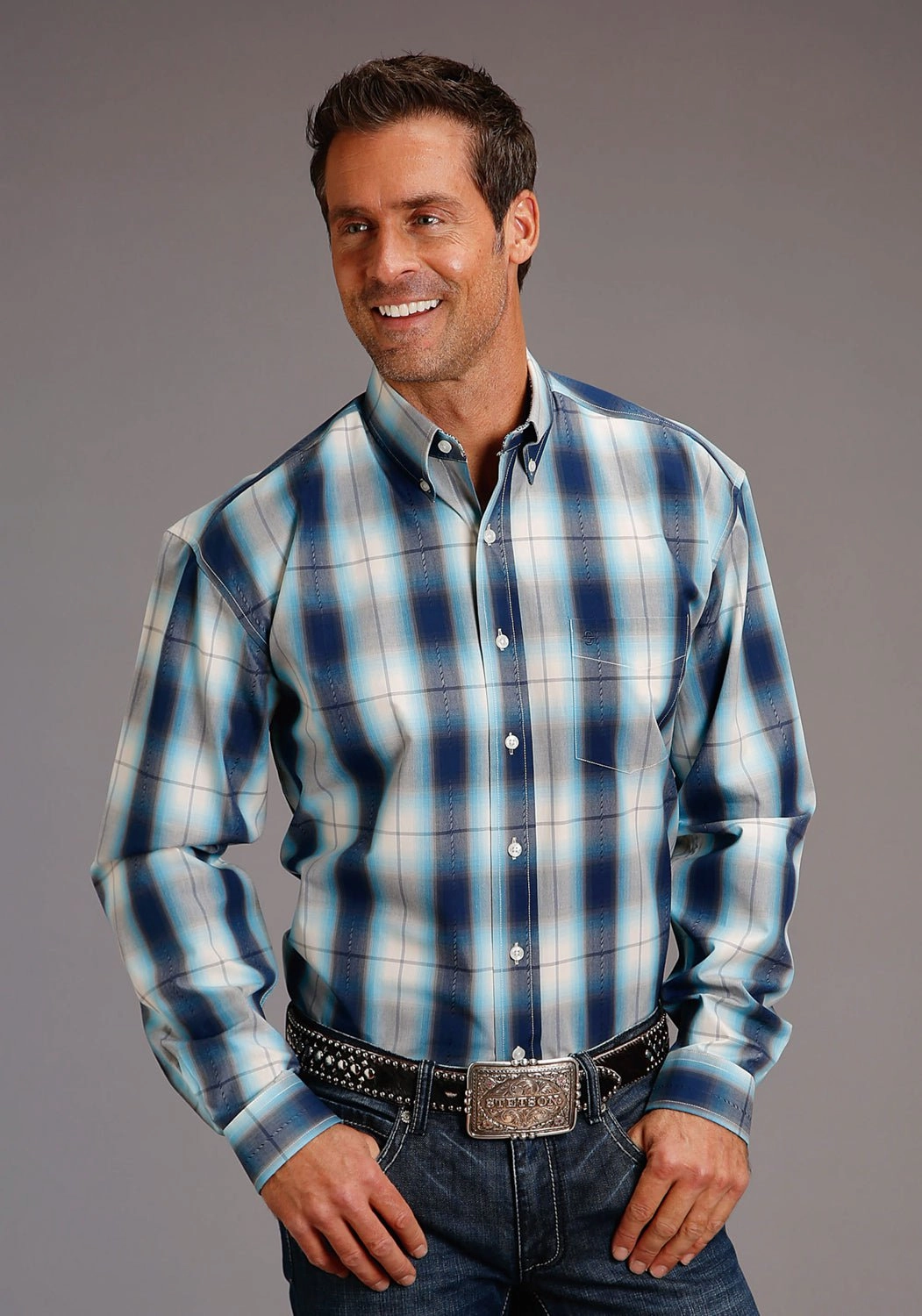 Stetson Mens Dobby Deep Blue 100% Cotton L/S Shirt Loose style Vibrant Colors