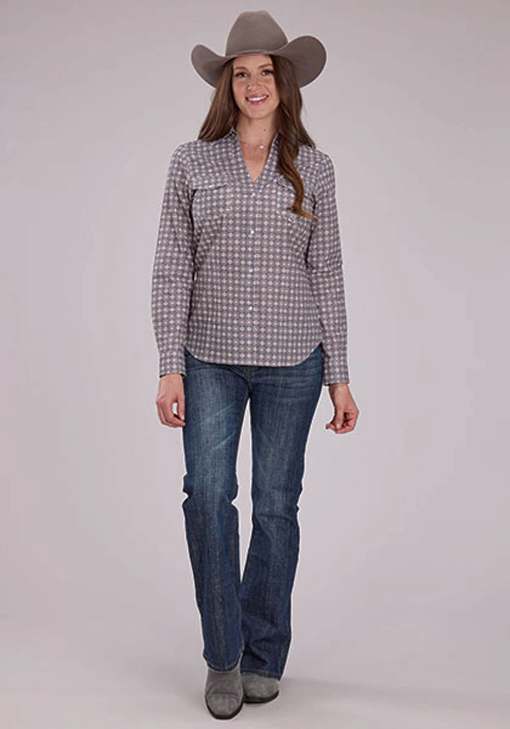 tall size Roper Womens 2501 Medallion Foulard Grey 100% Cotton L/S Shirt