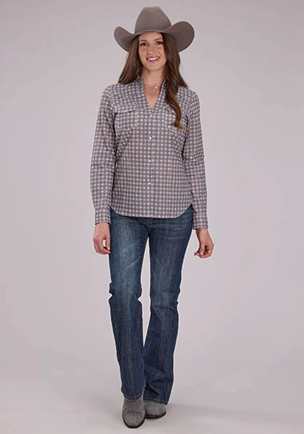 Roper Womens 2501 Medallion Foulard Grey 100% Cotton L/S Shirt Tagless Design Festive Look