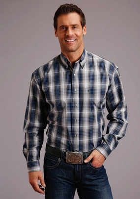 Luxurious Feel Urban Fashion Stetson Mens Blue 100% Cotton Checked Ombre BD L/S 1 Pkt Shirt