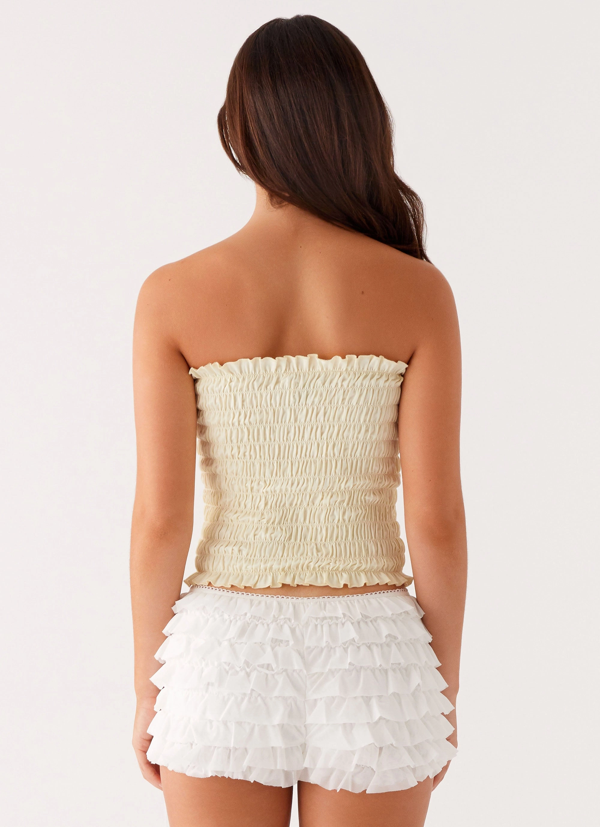 Cordelia Shirred Tube Top - Lemon LaserCut Edges Moisture Wicking Material