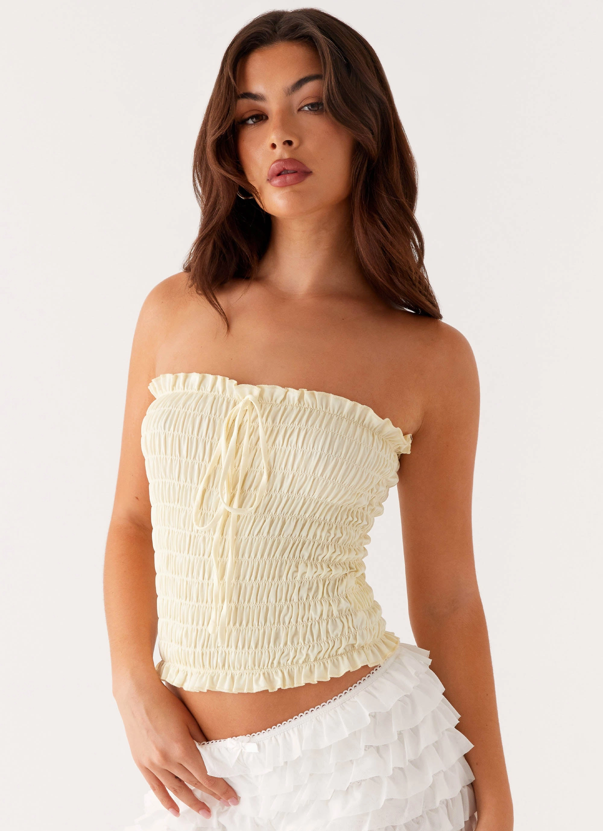 Yarn Dye Stripe Cordelia Shirred Tube Top - Lemon
