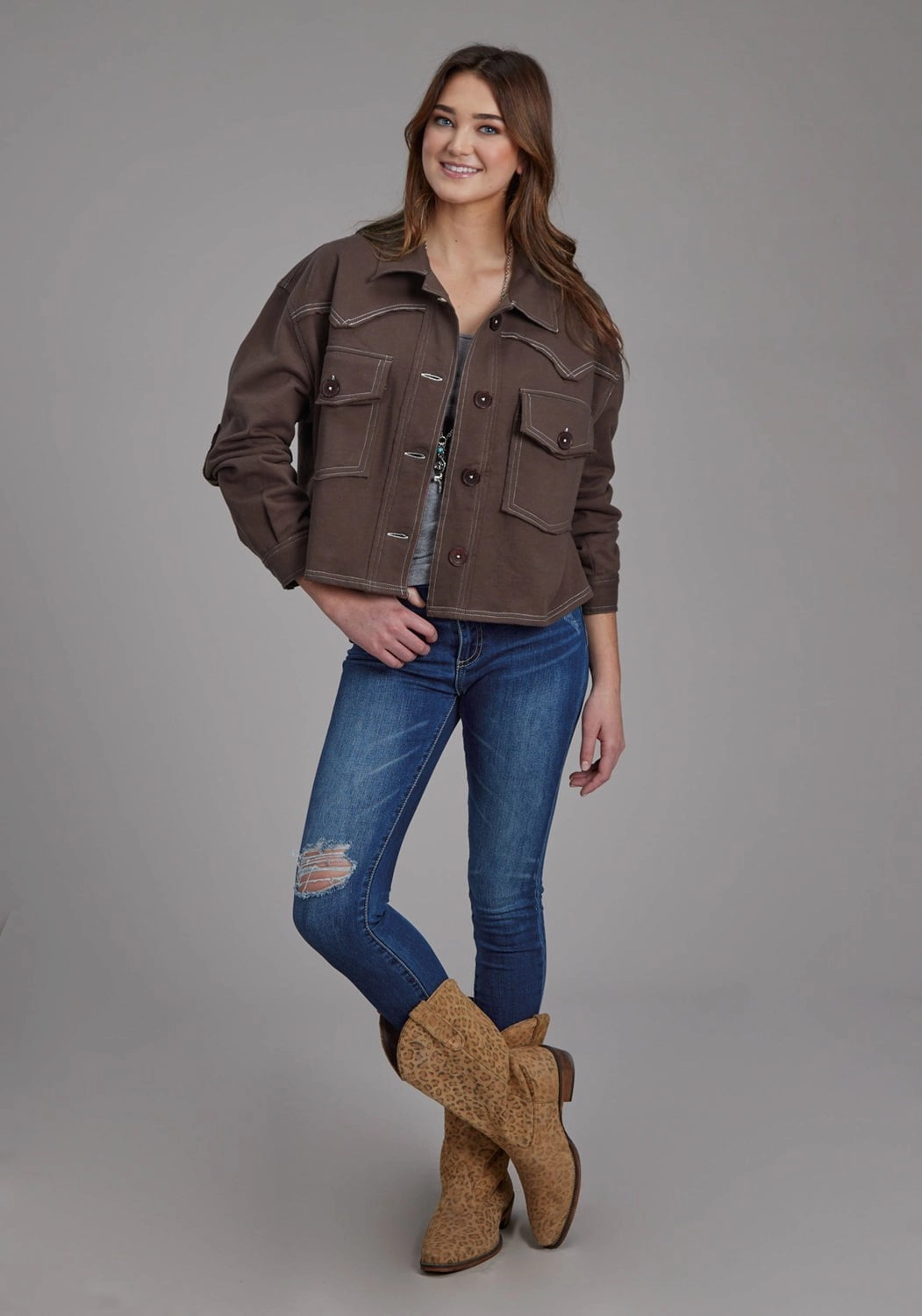 Windproof Hood Roper Womens Western Crop Brown 100% Cotton Jacket