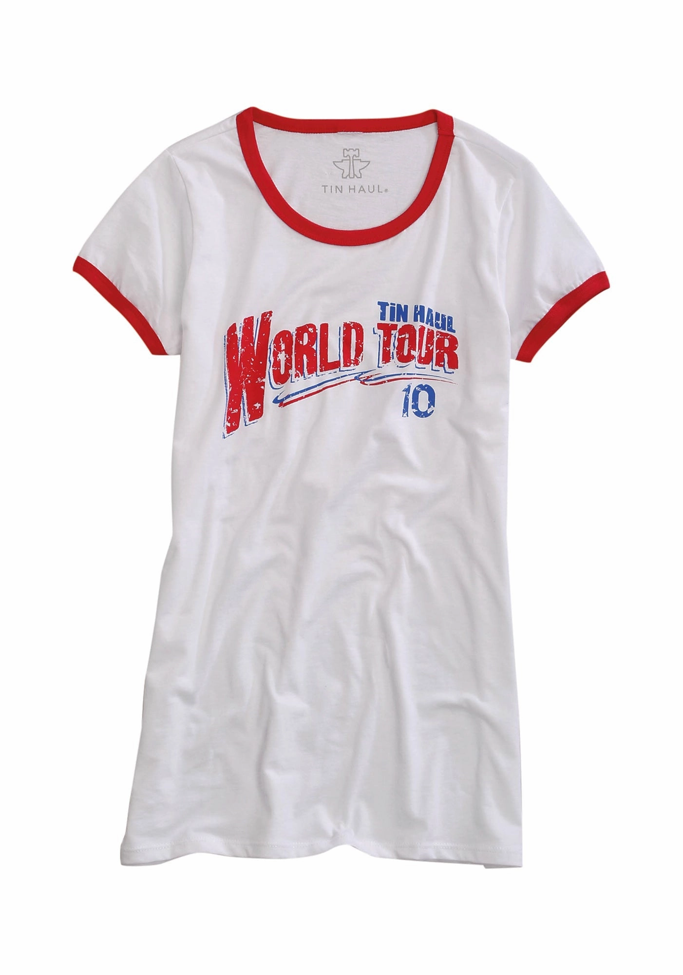 Tin Haul Womens World Tour 10 White/Red 100% Cotton S/S T-Shirt Structured Shoulder Support