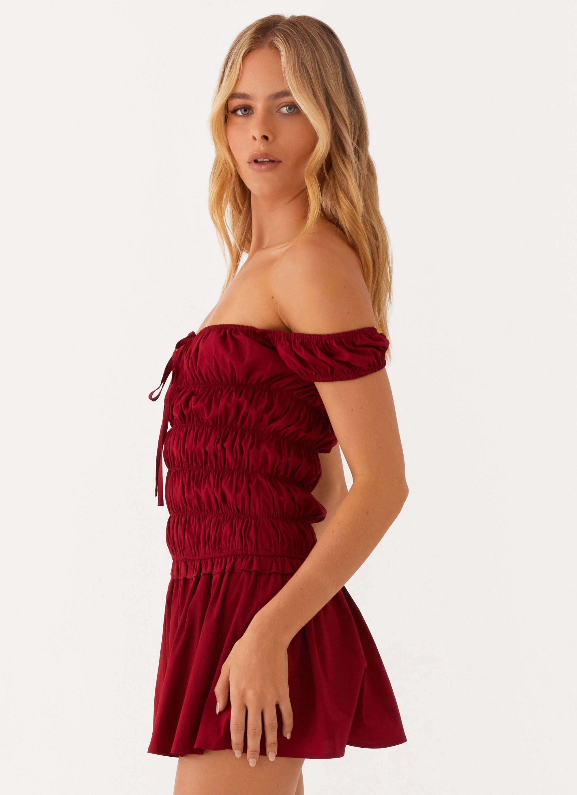 Countryside Off Shoulder Mini Dress - Deep Red Lightweight-Lining