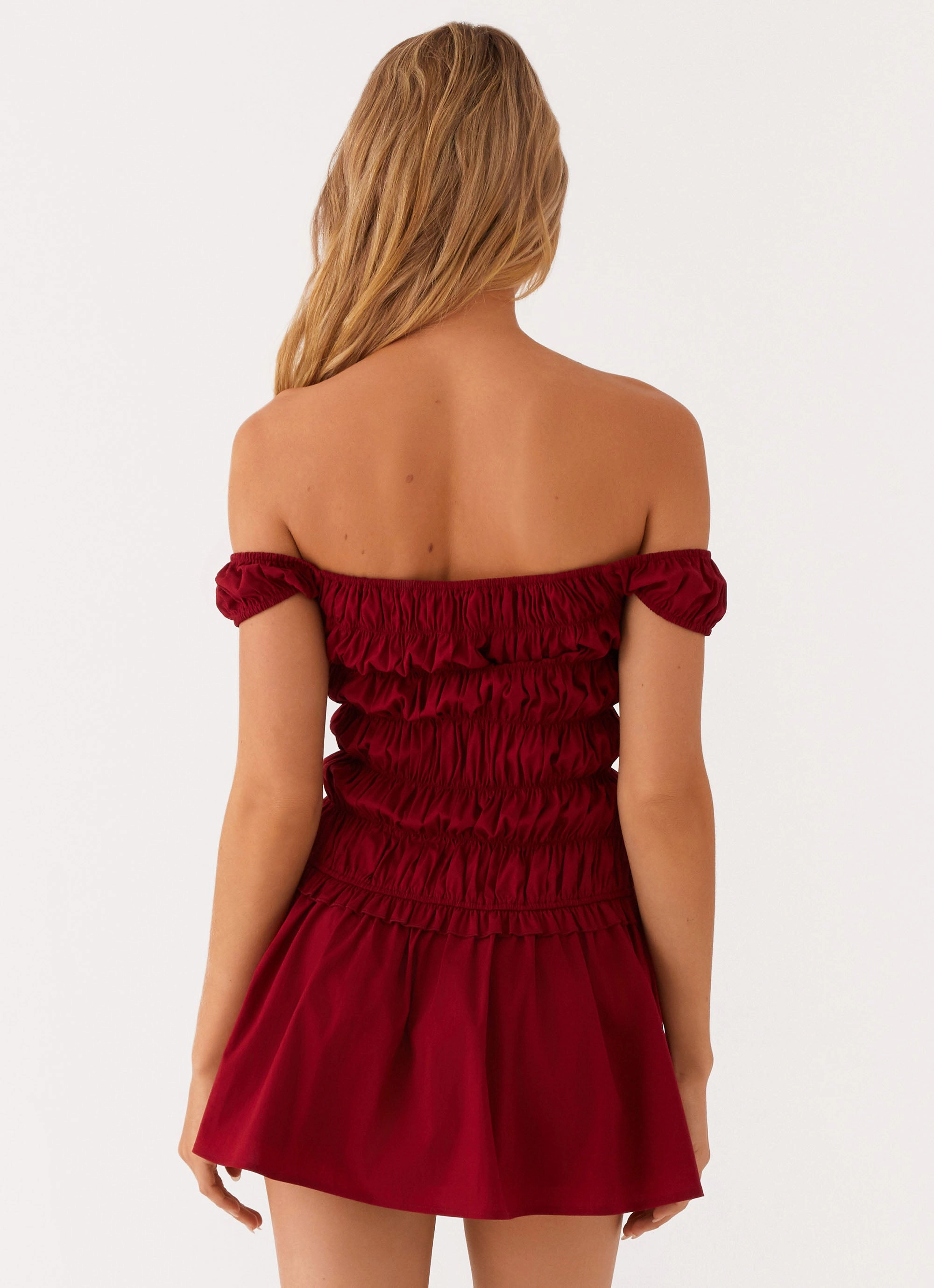 Countryside Off Shoulder Mini Dress - Deep Red Soft Vibe Stylish and Simple