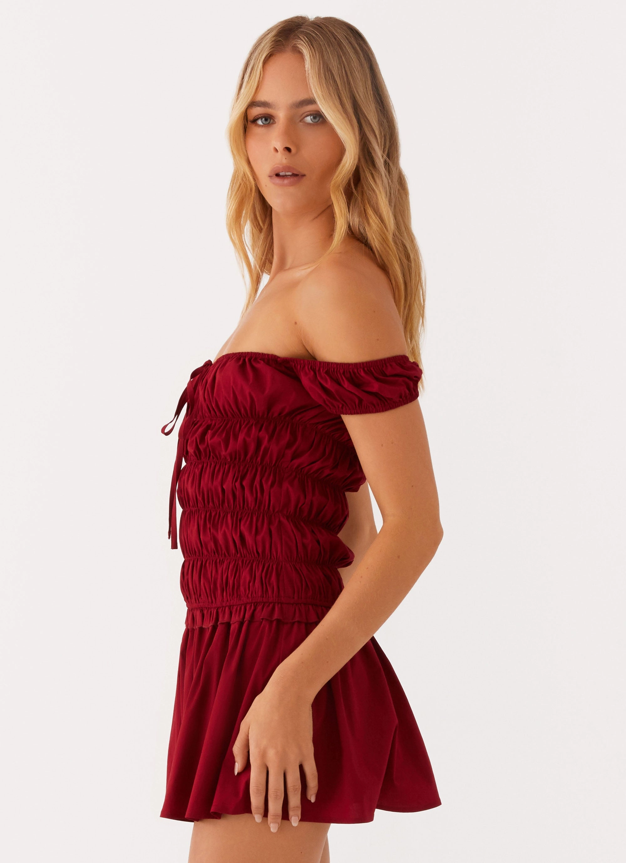 Layering Piece Eco Friendly Countryside Off Shoulder Mini Dress - Deep Red