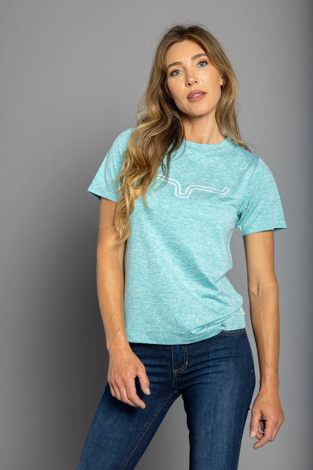 Kimes Ranch Womens Outlier Tech Tee Light Blue Heather Cotton Blend S/S T-Shirt Anniversary Celebration