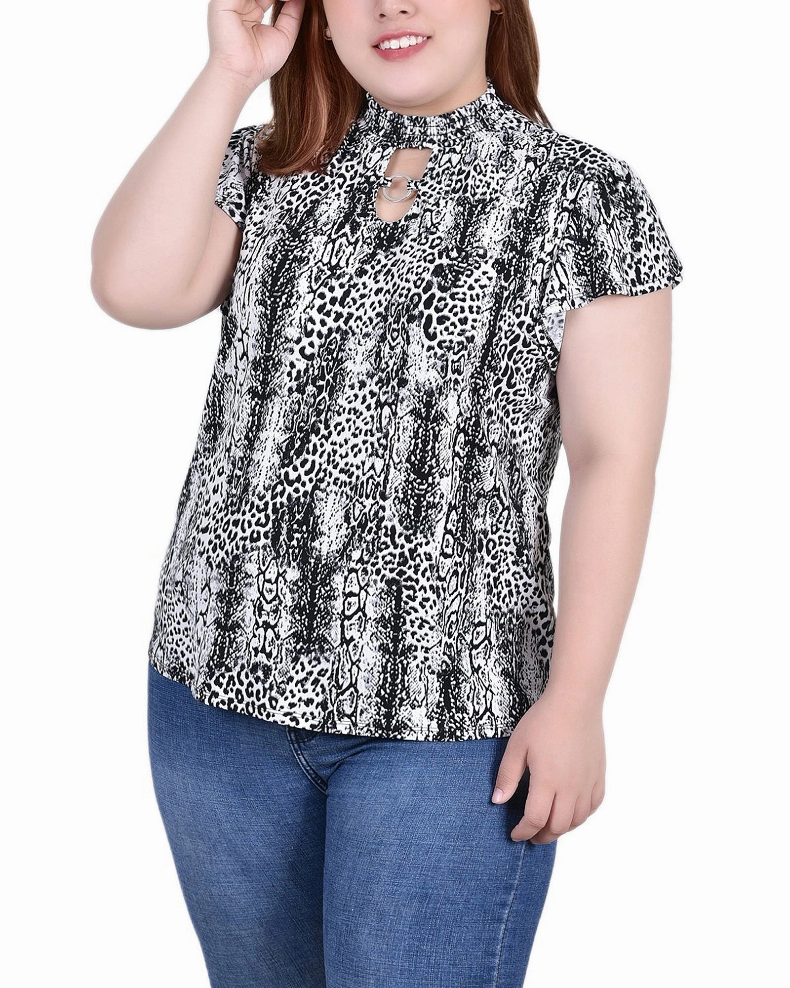 WaterResistant Plus Size Short Flutter Sleeve Mock Neck Top