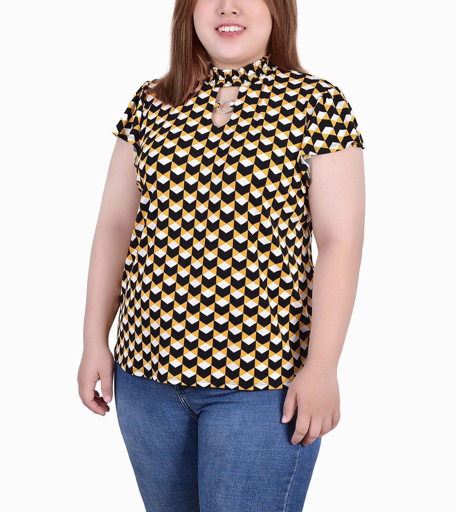 Maternity-Fit Plus Size Short Flutter Sleeve Mock Neck Top