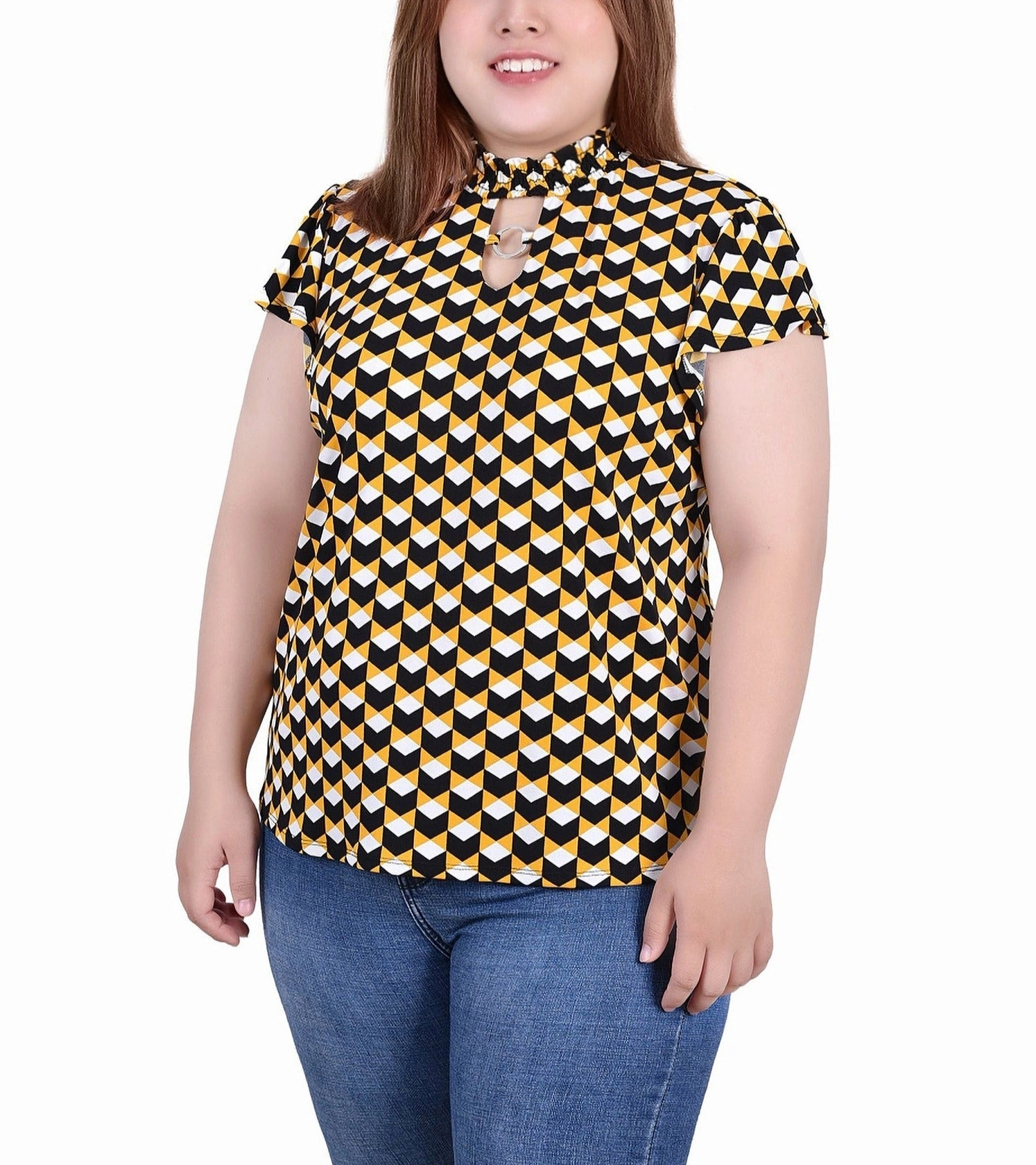 Plus Size Short Flutter Sleeve Mock Neck Top Silky Layer