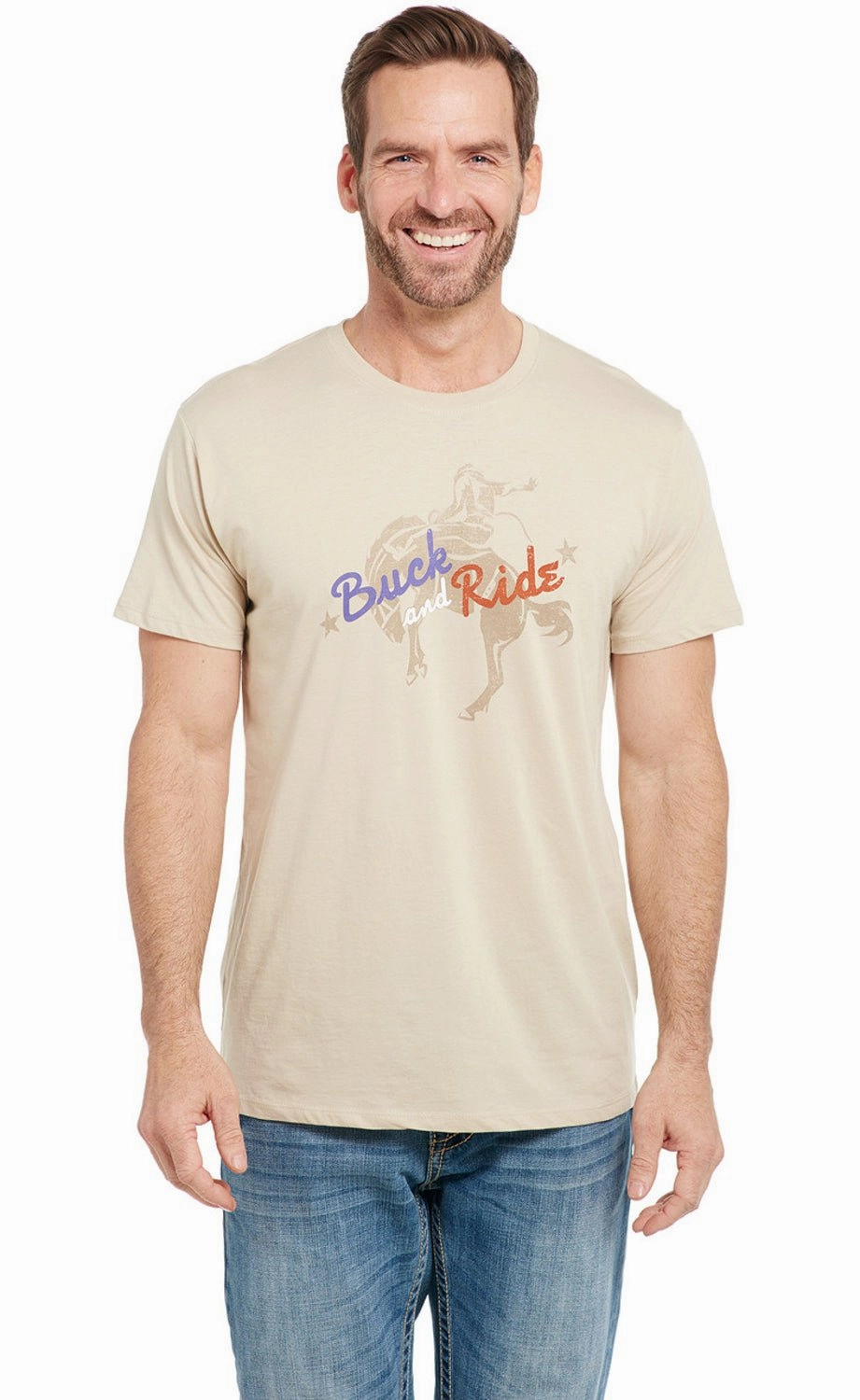Cowboy Up Mens Buck and Ride Heather Oatmeal Cotton Blend S/S T-Shirt Eco Friendly Material