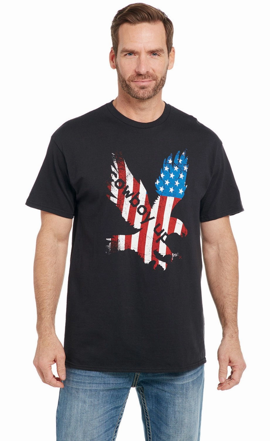 Cowboy Up Mens Patriotic Eagle Black 100% Cotton S/S T-Shirt PocketDetail