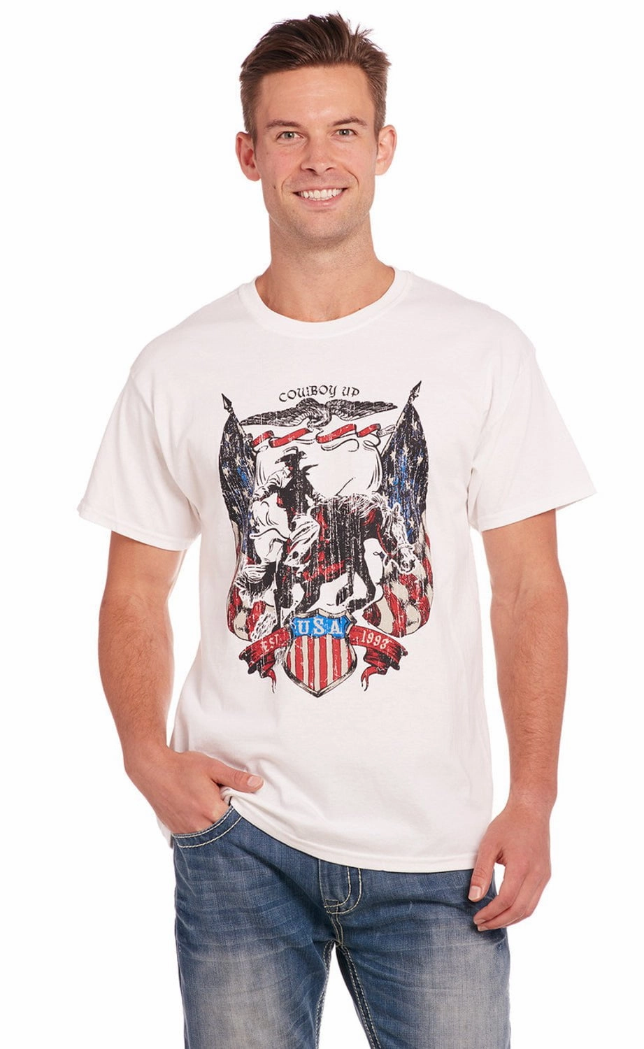 Cowboy Up Mens USA Flag Tee White 100% Cotton S/S T-Shirt Stretchable Armholes