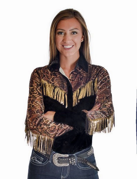 Cooling Core Technology Ombre look Cowgirl Tuff Womens Animal Fringe Black Polyester L/S Shirt
