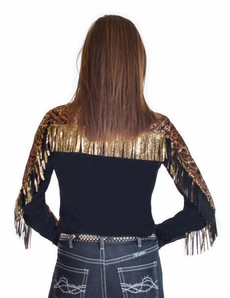 Cowgirl Tuff Womens Animal Fringe Black Polyester L/S Shirt Customizable Option