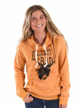 Kangaroo Pocket Travel Ready Look Cowgirl Tuff Womens Be Strong Be Humble Orange Poly/Rayon Hoodie