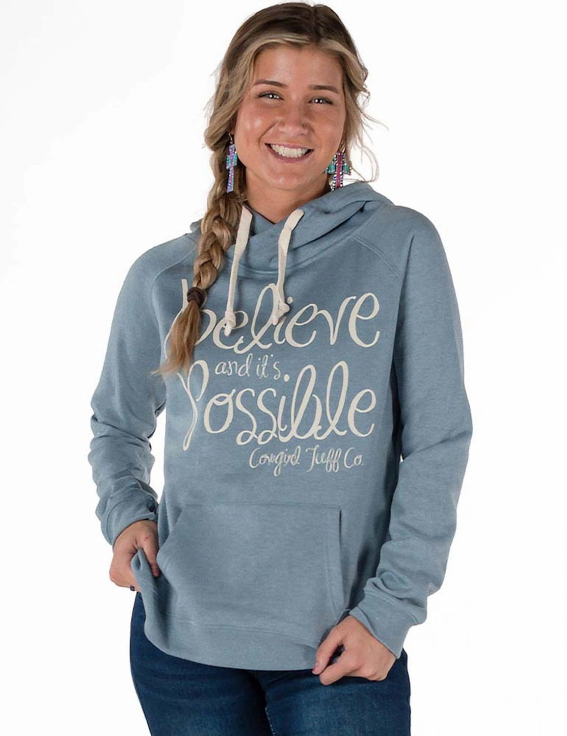 Single Buttons StretchFit Silhouette Cowgirl Tuff Womens Believe Junior Fit Light Blue Poly/Rayon Hoodie