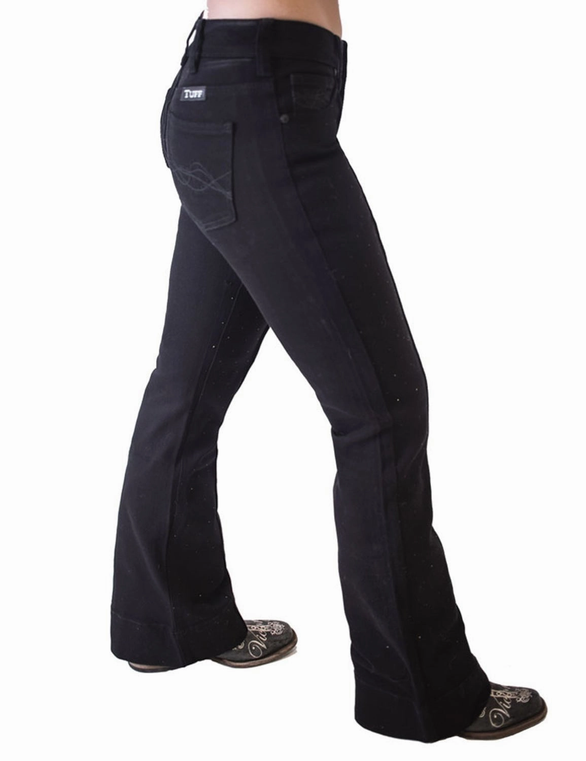 Couple Look Eco Friendly Daytime Look Cowgirl Tuff Womens Bling Flare Black Cotton Blend Jeans