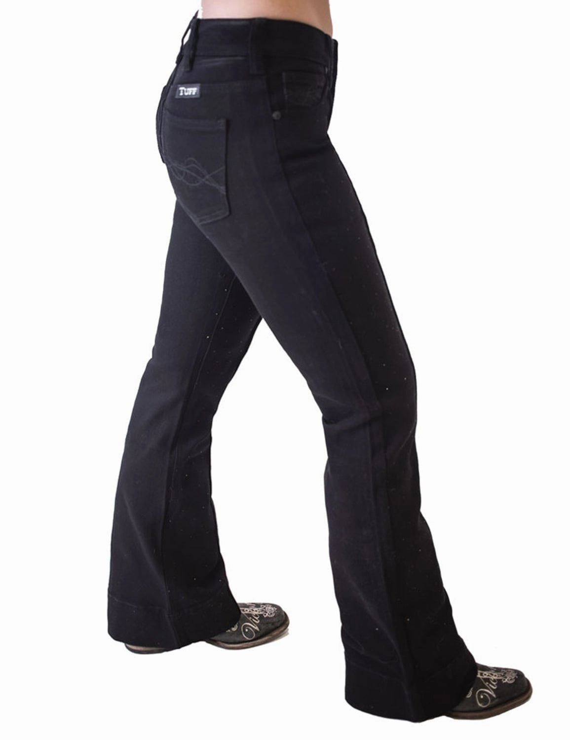 Style Daily Cowgirl Tuff Womens Bling Flare Black Cotton Blend Jeans