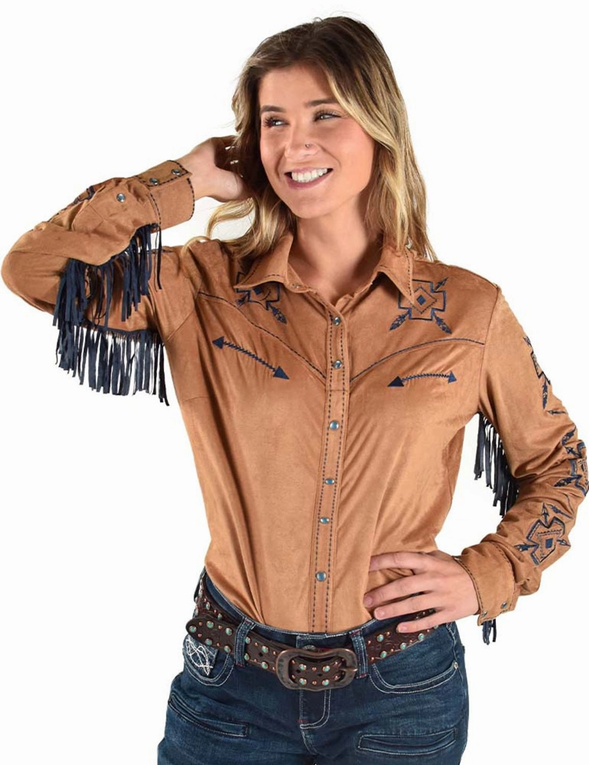 Polka Dot Cowgirl Tuff Womens Blue Fringe Pullover Tan Polyester L/S Shirt