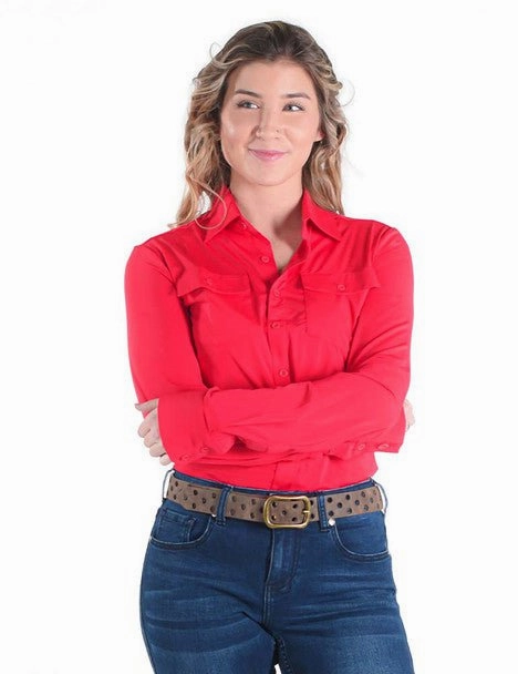 Cowgirl Tuff Womens Breathe Instant Pullover Bright Red Nylon L/S Blouse Solid Color