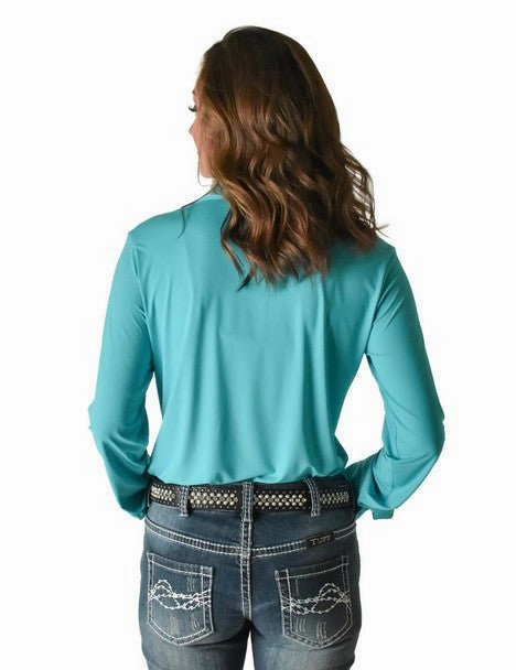 Cowgirl Tuff Womens Breathe Instant Pullover Turquoise Nylon L/S Blouse Short Sleeve