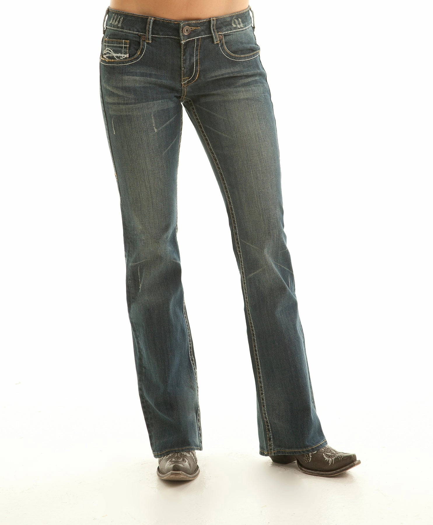 On The Go Easy Pairing Cowgirl Tuff Womens Denim Cotton Blend Jeans Bootcut Don't Fence Me In