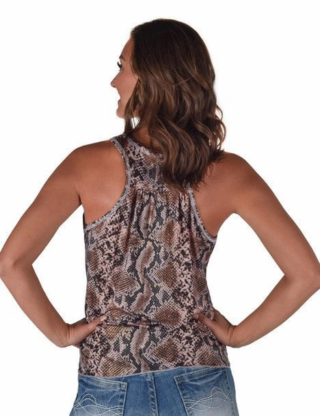 Unstructured Shoulder Moisture Wicking Material Cowgirl Tuff Womens Flowy Snake Dusty Pink Poly/Spandex S/L Tank Top