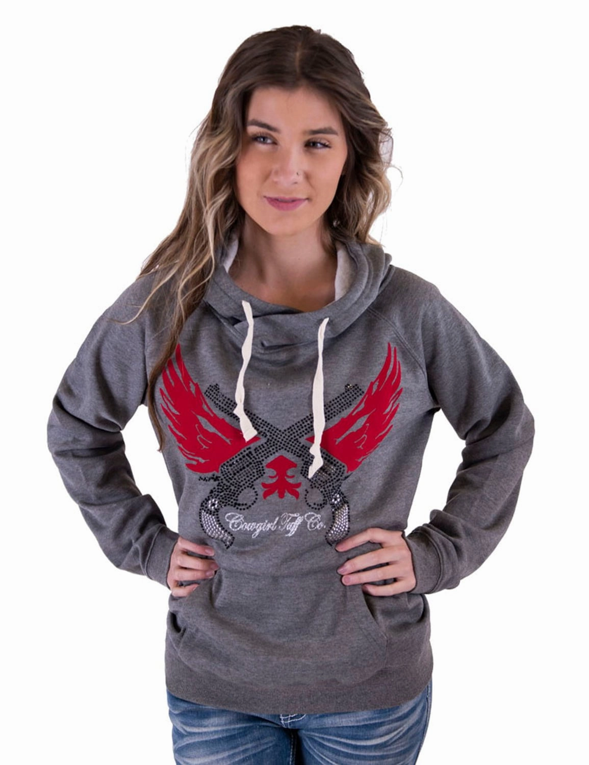 Fade Resistant Dye Flexible Fleece Lining Cowgirl Tuff Womens Guns and Wings Bling Gray Poly/Rayon Hoodie