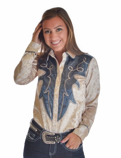 Layering Essential Non Iron Material Cowgirl Tuff Womens Heavier Snake Blue/Cream Polyester L/S Shirt