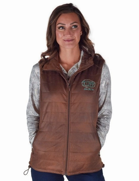 Cowgirl Tuff Womens Midweight Logo Brown Poly/Spandex Faux Leather Vest Extra Layer Piece Stylish Daily Fit