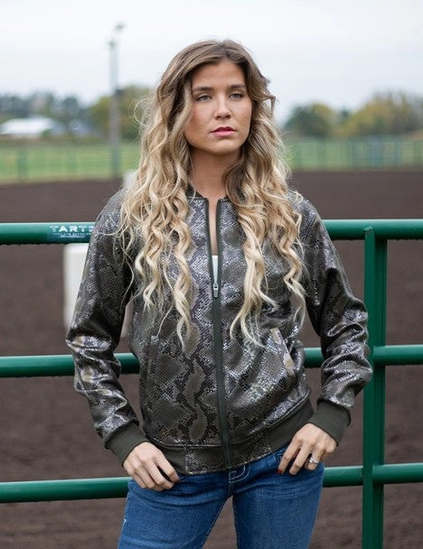 Easy Care Machine Washable Heavyweight Durability Cowgirl Tuff Womens Midweight Snakeskin Green Polyester Athletic Shell Jacket