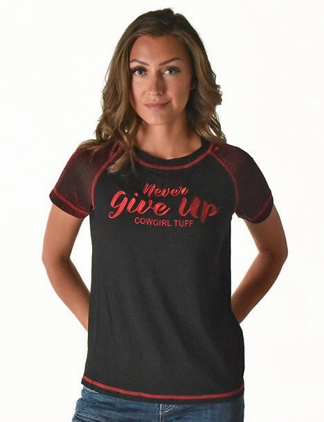Odor Control Technology Sleeveless Cut Cowgirl Tuff Womens Never Give Up Shimmer Dark Red Nylon S/S T-Shirt