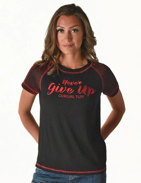 Layering Piece Comfort Stretch Cowgirl Tuff Womens Never Give Up Shimmer Dark Red Nylon S/S T-Shirt