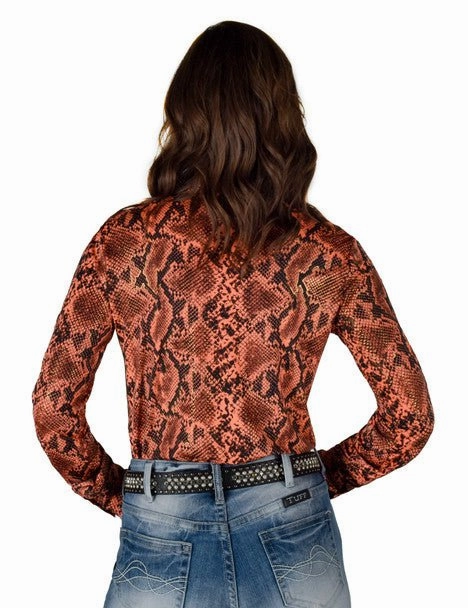 Cowgirl Tuff Womens Pullover Snake Orange Polyester L/S Shirt Raw edge
