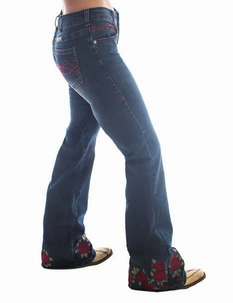 Luxury Textured Athlete Fit Slim Silhouette Cowgirl Tuff Womens Roses Are Red Medium Wash Cotton Blend Jeans