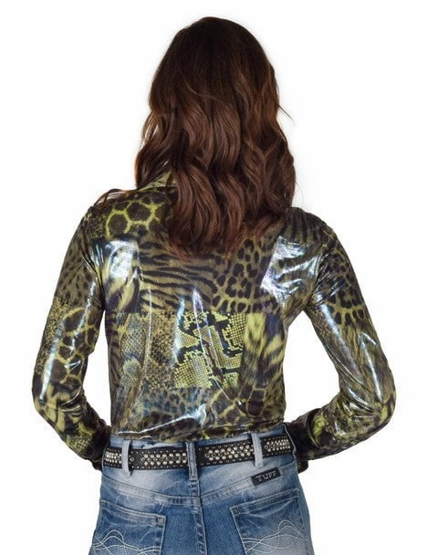 Tagless Design Tagless label Cowgirl Tuff Womens Shiny Animal Green Polyester L/S Shirt