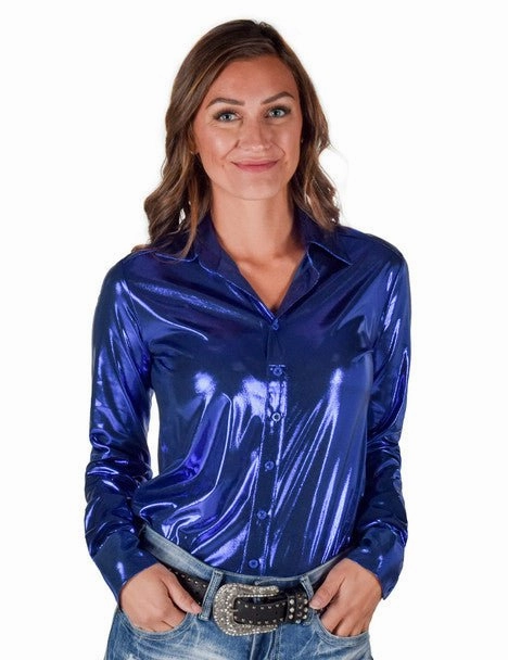 Cowgirl Tuff Womens Shiny Metallic Blue Polyester L/S Shirt Workwear Ready