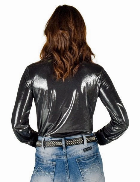 Cowgirl Tuff Womens Shiny Metallic Dark Silver Polyester L/S Shirt Geometric Design