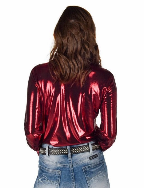 All-day Comfort Cowgirl Tuff Womens Shiny Metallic Red Polyester L/S Shirt