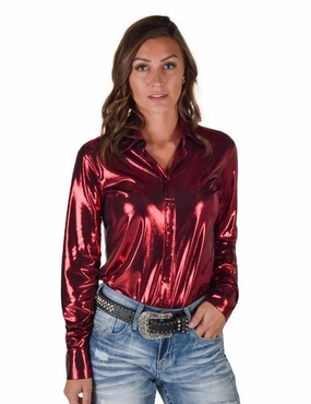 Minimalist fashion Checkered Look Cowgirl Tuff Womens Shiny Metallic Red Polyester L/S Shirt