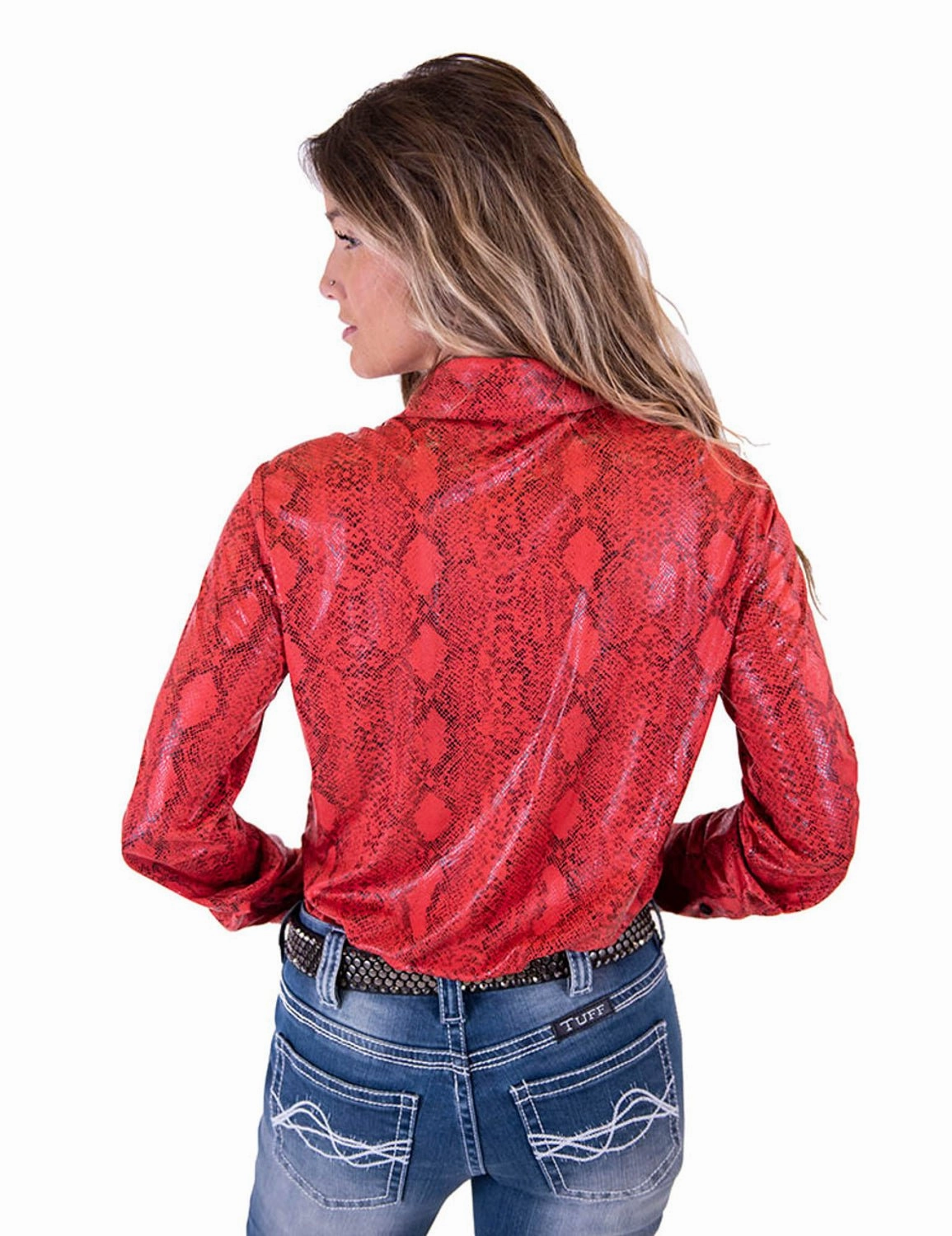 Cowgirl Tuff Womens Snakeskin Pullover Red Polyester L/S Shirt No Bulk Layering System decorative element