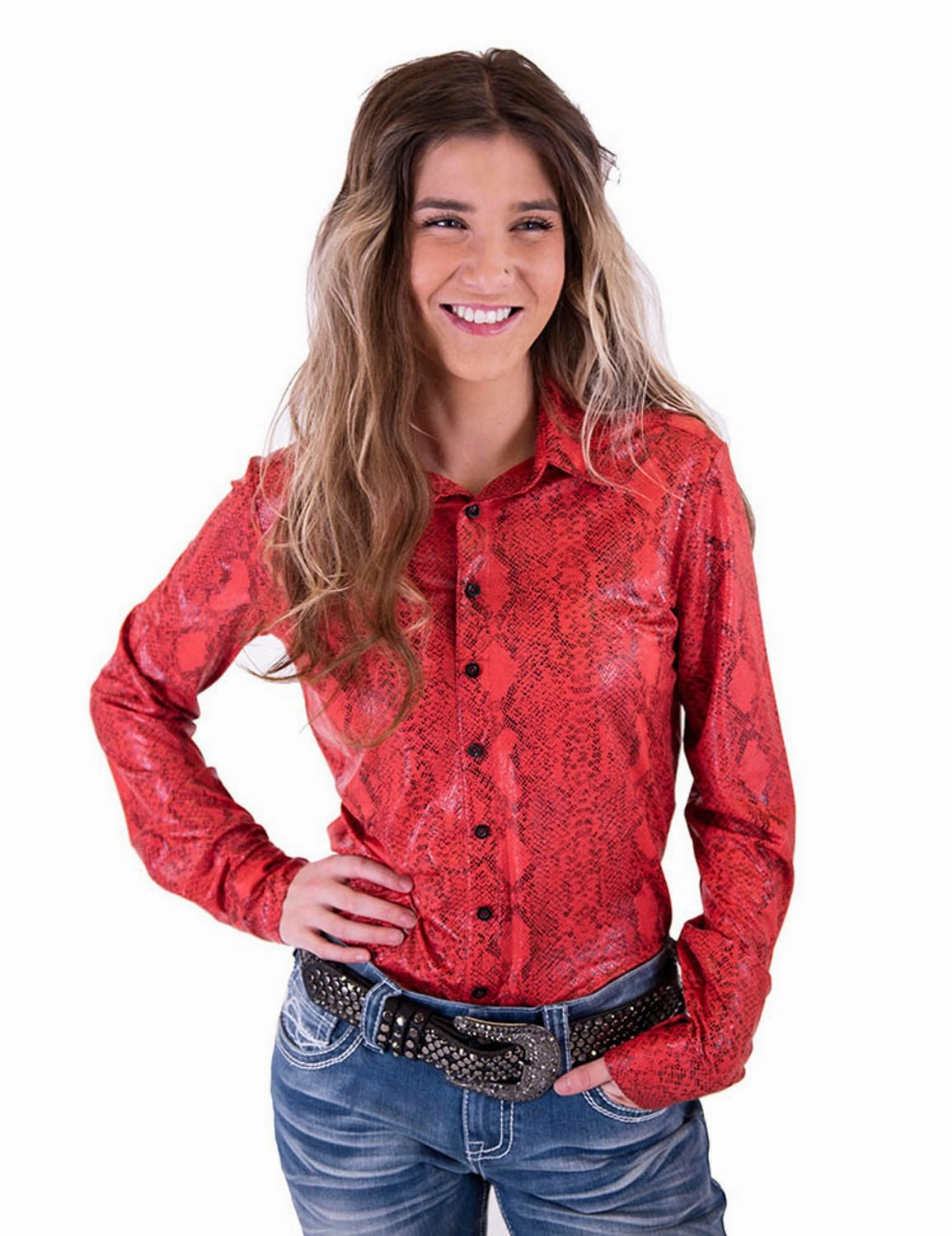 Cowgirl Tuff Womens Snakeskin Pullover Red Polyester L/S Shirt Dinner Date Compact Fold Design