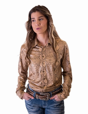 Regular Fit Flexible Mobility Cowgirl Tuff Womens Snakeskin Pullover Tan Polyester L/S Shirt